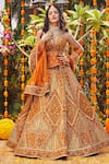 Buy_Asra_Orange Raw Silk Embroidered Bead Work Sweetheart Neck Peplum Choli Lehenga Set _at_Aza_Fashions