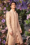 Shop_Asra_Beige Raw Silk Embroidered Sequins Floral Sherwani Kurta Set _at_Aza_Fashions