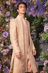 Asra_Beige Raw Silk Embroidered Sequins Floral Sherwani Kurta Set _Online_at_Aza_Fashions