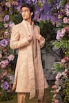 Buy_Asra_Beige Raw Silk Embroidered Sequins Floral Sherwani Kurta Set _Online_at_Aza_Fashions