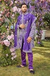 Buy_Asra_Purple Raw Silk Embroidered Sequins Floral Sherwani Kurta Set _at_Aza_Fashions