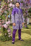 Shop_Asra_Purple Raw Silk Embroidered Sequins Floral Sherwani Kurta Set _at_Aza_Fashions