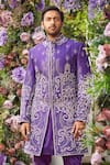 Asra_Purple Raw Silk Embroidered Sequins Floral Sherwani Kurta Set _Online_at_Aza_Fashions