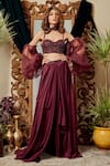 Buy_Asra_Maroon Organza, Net, Crepe Sweetheart Neck Balloon Sleeve Blouse And Skirt Set _at_Aza_Fashions
