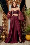 Asra_Maroon Organza, Net, Crepe Sweetheart Neck Balloon Sleeve Blouse And Skirt Set _Online_at_Aza_Fashions