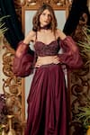 Buy_Asra_Maroon Organza, Net, Crepe Sweetheart Neck Balloon Sleeve Blouse And Skirt Set _Online_at_Aza_Fashions