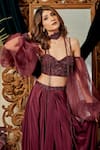 Shop_Asra_Maroon Organza, Net, Crepe Sweetheart Neck Balloon Sleeve Blouse And Skirt Set _Online_at_Aza_Fashions