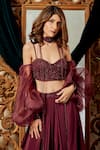 Asra_Maroon Organza, Net, Crepe Sweetheart Neck Balloon Sleeve Blouse And Skirt Set _at_Aza_Fashions