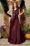 Buy_Asra_Maroon Raw Silk, Net Notched Lapel Embroidered Jacket Lehenga Set _at_Aza_Fashions