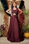 Asra_Maroon Raw Silk, Net Notched Lapel Embroidered Jacket Lehenga Set _Online_at_Aza_Fashions