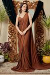 Buy_Asra_Brown Raw Silk, Italian Crepe Embroidered Sweetheart Neck Pre-draped Saree Set _at_Aza_Fashions