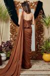 Shop_Asra_Brown Raw Silk, Italian Crepe Embroidered Sweetheart Neck Pre-draped Saree Set _at_Aza_Fashions