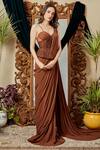 Asra_Brown Raw Silk, Italian Crepe Embroidered Sweetheart Neck Pre-draped Saree Set _Online_at_Aza_Fashions