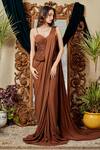Buy_Asra_Brown Raw Silk, Italian Crepe Embroidered Sweetheart Neck Pre-draped Saree Set _Online_at_Aza_Fashions