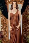 Shop_Asra_Brown Raw Silk, Italian Crepe Embroidered Sweetheart Neck Pre-draped Saree Set _Online_at_Aza_Fashions