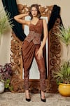Asra_Brown Italian Crepe Asymmetric Pre-draped Saree And Pant Set_Online_at_Aza_Fashions