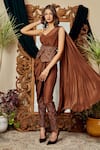 Buy_Asra_Brown Italian Crepe Asymmetric Pre-draped Saree And Pant Set_Online_at_Aza_Fashions