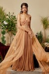 Asra_Beige Georgette Sweetheart Neck Cold Shoulder Gown _Online_at_Aza_Fashions