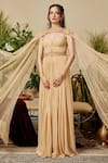 Buy_Asra_Peach Georgette Embroidered Sweetheart Neck Gathered Gown With Cape _at_Aza_Fashions