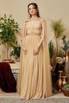 Asra_Peach Georgette Embroidered Sweetheart Neck Gathered Gown With Cape _Online_at_Aza_Fashions