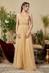 Buy_Asra_Peach Georgette Embroidered Sweetheart Neck Gathered Gown With Cape _Online_at_Aza_Fashions