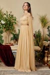 Shop_Asra_Peach Georgette Embroidered Sweetheart Neck Gathered Gown With Cape _Online_at_Aza_Fashions