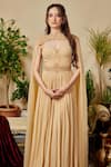 Asra_Peach Georgette Embroidered Sweetheart Neck Gathered Gown With Cape _at_Aza_Fashions