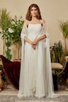 Buy_Asra_White Georgette Scoop Neck Gathered Gown With Cape _at_Aza_Fashions