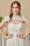 Asra_White Georgette Gown Scoop Neck Gathered With Cape _at_Aza_Fashions