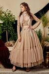 Buy_Asra_Beige Net, Velvet, Crepe V Neck Tiered Lehenga Set _at_Aza_Fashions