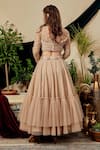 Shop_Asra_Beige Net, Velvet, Crepe V Neck Tiered Lehenga Set _at_Aza_Fashions