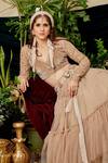Buy_Asra_Beige Net, Velvet, Crepe V Neck Tiered Lehenga Set _Online_at_Aza_Fashions