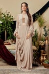 Buy_Asra_Beige Italian Crepe Round Draped Gown _at_Aza_Fashions