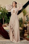 Asra_Beige Italian Crepe Round Draped Gown _Online_at_Aza_Fashions