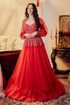 Shop_Asra_Red Net Embellished Sweetheart Neck Peplum Gown _at_Aza_Fashions