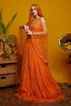 Shop_Asra_Orange Net Embellished Sweetheart Neck Cape Lehenga Set_at_Aza_Fashions