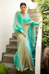 Aarti Sethia Studio_Green Pure Silk Organza Lining Cotton V Neck Puff Sleeves Blouse _Online_at_Aza_Fashions