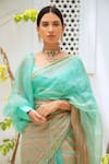 Shop_Aarti Sethia Studio_Green Pure Silk Organza Lining Cotton V Neck Puff Sleeves Blouse _Online_at_Aza_Fashions