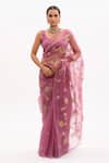 Buy_Aarti Sethia_Purple Pure Silk Organza Embroidery Scoop Neck Saree With Blouse _Online_at_Aza_Fashions