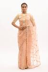 Buy_Aarti Sethia_Peach Pure Silk Organza Embroidery Crew Neck Gota Saree With Blouse _at_Aza_Fashions