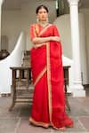 Shop_Aarti Sethia Studio_Red Pure Silk Organza Embroidery Crew Neck Gota Patti Saree With Blouse _Online_at_Aza_Fashions