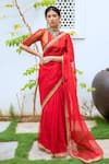 Buy_Aarti Sethia Studio_Red Pure Silk Organza Embroidery Crew Neck Gota Patti Saree With Blouse _at_Aza_Fashions