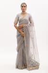 Buy_Aarti Sethia Studio_Grey Pure Silk Organza Embroidery V Neck Saree With Blouse _at_Aza_Fashions