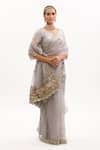 Buy_Aarti Sethia Studio_Grey Pure Silk Organza Embroidery V Neck Saree With Blouse _Online_at_Aza_Fashions