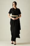 Buy_Aakaar_Black Embellished Metallic Crystal Work Pleated Draped Saree Dress With Belt_at_Aza_Fashions