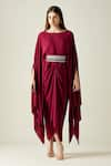 Buy_Aakaar_Wine Silk Crepe Embroidery Pearls Boat Draped Gown With Embellished Belt _at_Aza_Fashions