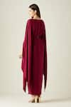 Shop_Aakaar_Wine Silk Crepe Embroidery Pearls Boat Draped Gown With Embellished Belt _at_Aza_Fashions