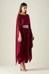 Aakaar_Wine Silk Crepe Embroidery Pearls Boat Draped Gown With Embellished Belt _Online_at_Aza_Fashions