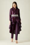 Buy_Aakaar_Purple Silk Embroidery Pearls Lapel Collar Blazer Tunic And Pant Set _at_Aza_Fashions