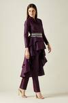 Aakaar_Purple Silk Embroidery Pearls Lapel Collar Blazer Tunic And Pant Set _Online_at_Aza_Fashions